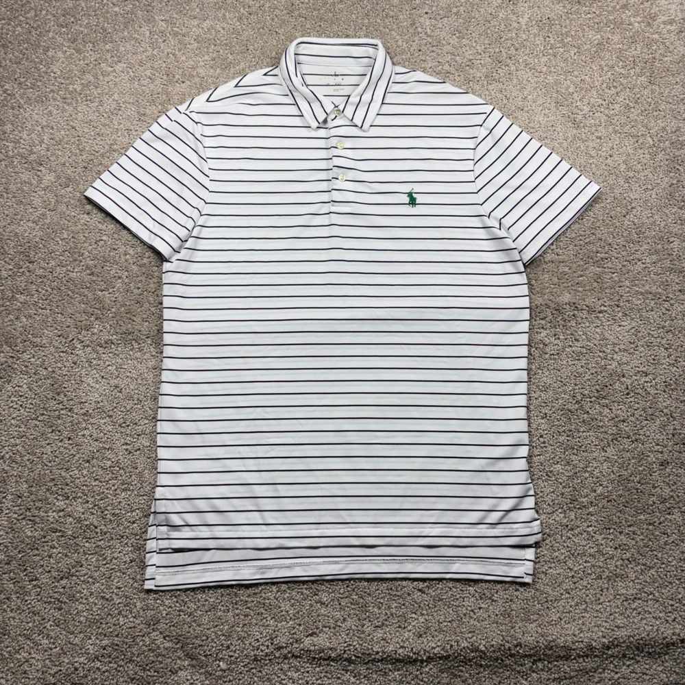Polo Ralph Lauren Mens Medium White Navy Striped‎ Performance Golf Polo Shirt